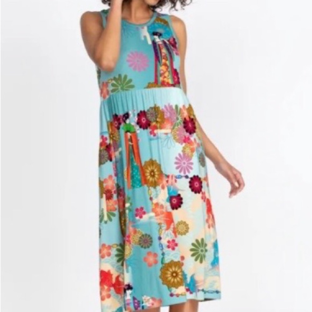 Johnny Was Multicolor Floral Midi Dress with Geishas